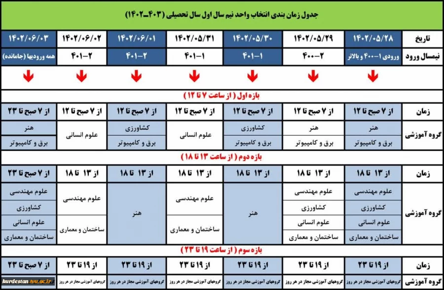 جدول زمانبندی انتخاب واحد تیمسال اول 1402-1403 2
